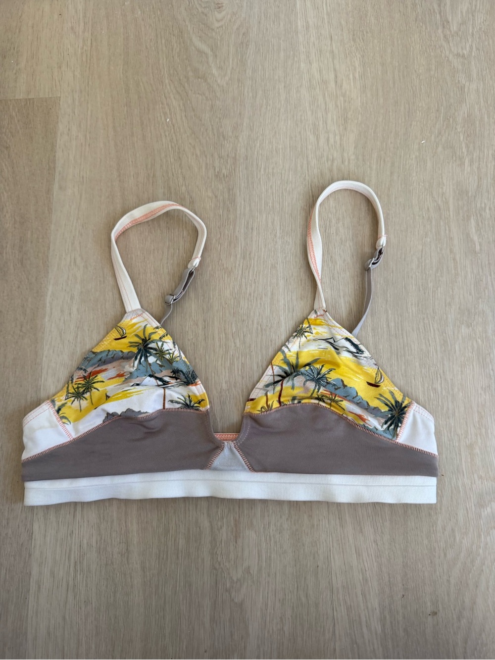 XiRENA Yellow Palm Print Triangle Bralette with Taupe & White Bands
